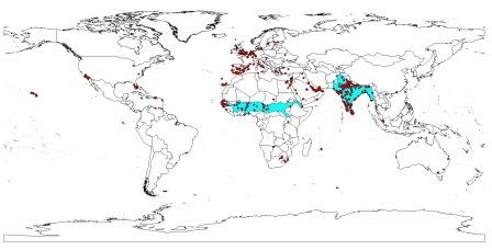 The native range of P. krameri (in blue) was superimposed to the map. Most occurences fall outside the native range