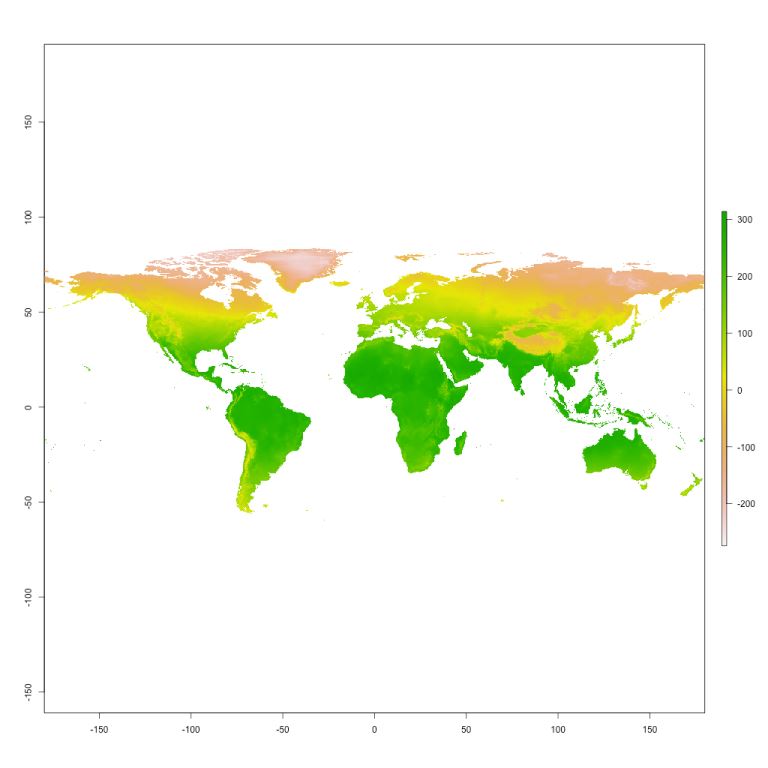 Figure 2.1: Average annual temperature (bio1) downloaded from Worldclim