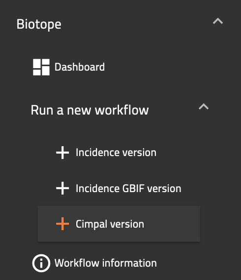 Access links to the Biotope workflow versions, available on the left side panel.
