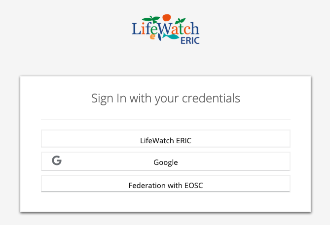 Login interface. The user can access the workflow using LWOS (LifeWatch), ORCID, Google.