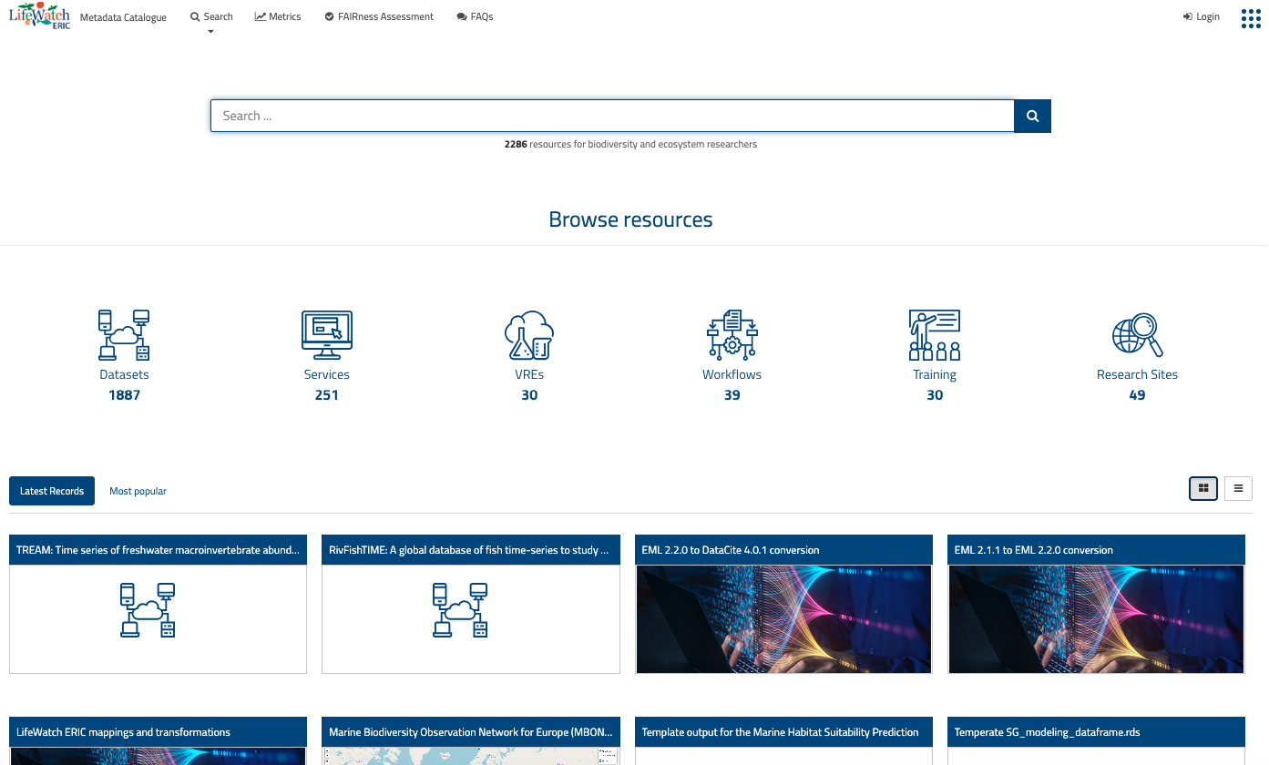 Home page of the LifeWatch ERIC Metadata Catalogue
