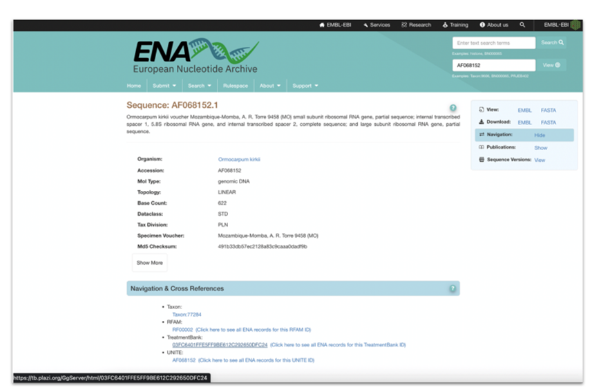 ENA Mockup display of cross-reference to TreatmentBank
