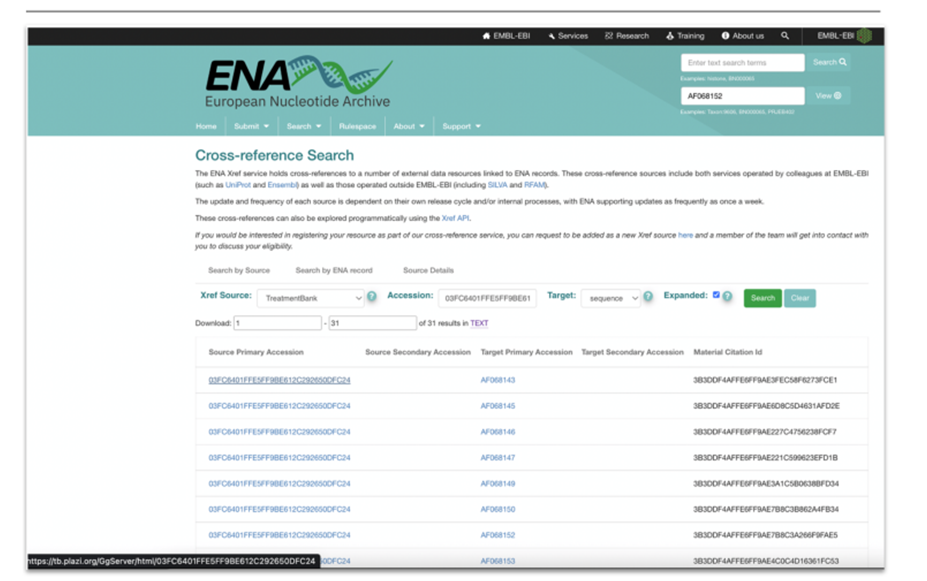 Mockup of Cross-reference Search for accession numbers via TB