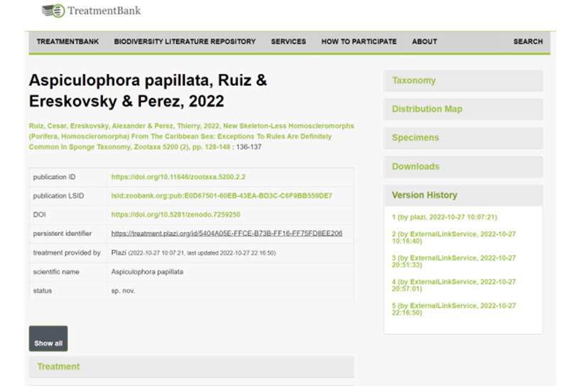 Treatment view in TreatmentBank showing version history