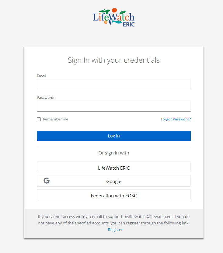 Login interface. The user can access the workflow using LWOS (LifeWatch), Google, or EGI‑EOSC credentials.